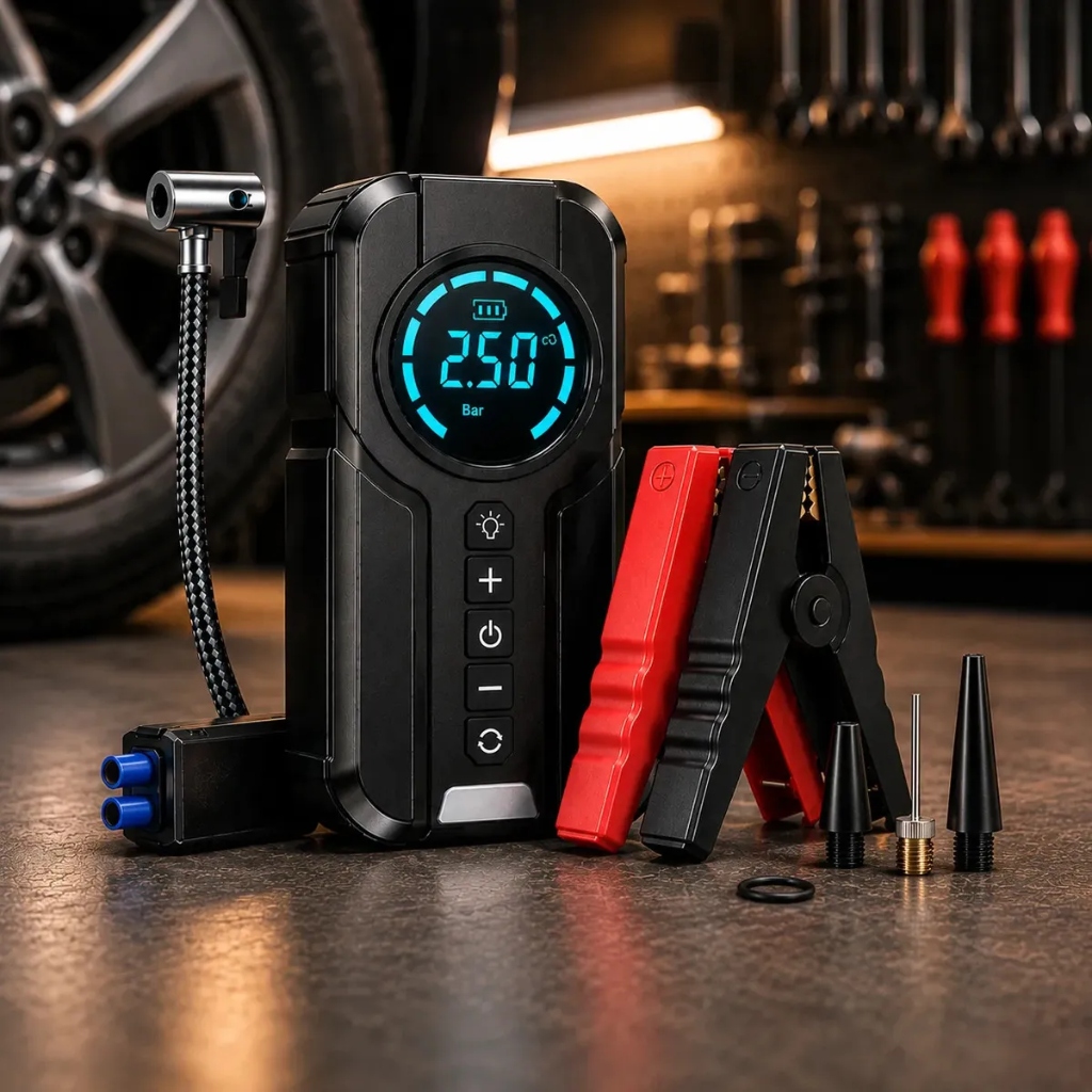 Auxiliar de Partida Carregador Bateria e Compressor de Ar Portátil 6 em 1 Inteligente para Carro, Moto e Bicicleta
