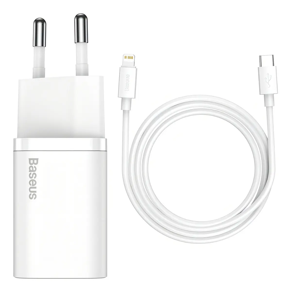 Baseus Carregador De Parede Turbo 20W Tipo-C + Cabo iPhone Lightning — Branco