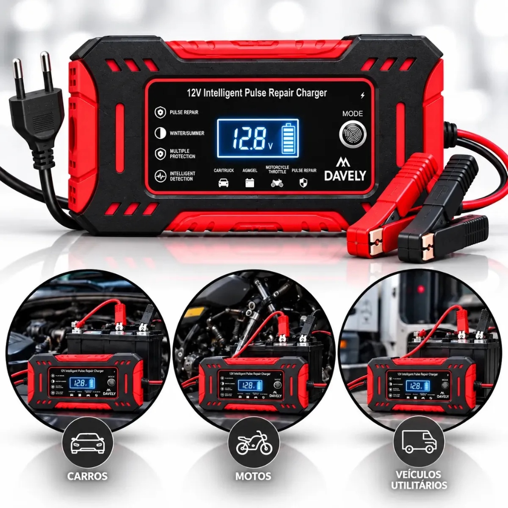 Carregador de Bateria 12V 6A Bivolt Inteligente com Função Reparo e Display Digital (Carro/Moto) — Davely