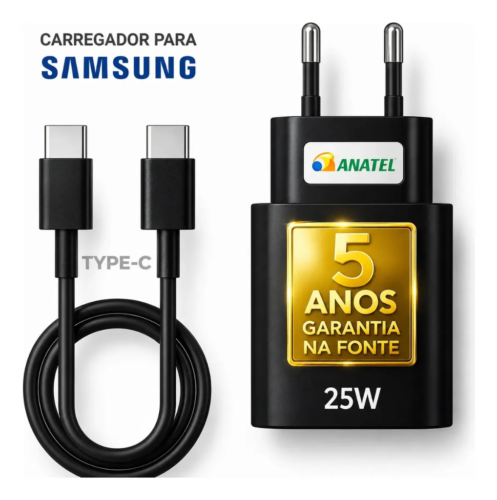 Carregador Super Rápido 25W DTimp Tipo-C com Cabo Blindado USB-C (Samsung, Motorola, Xiaomi)