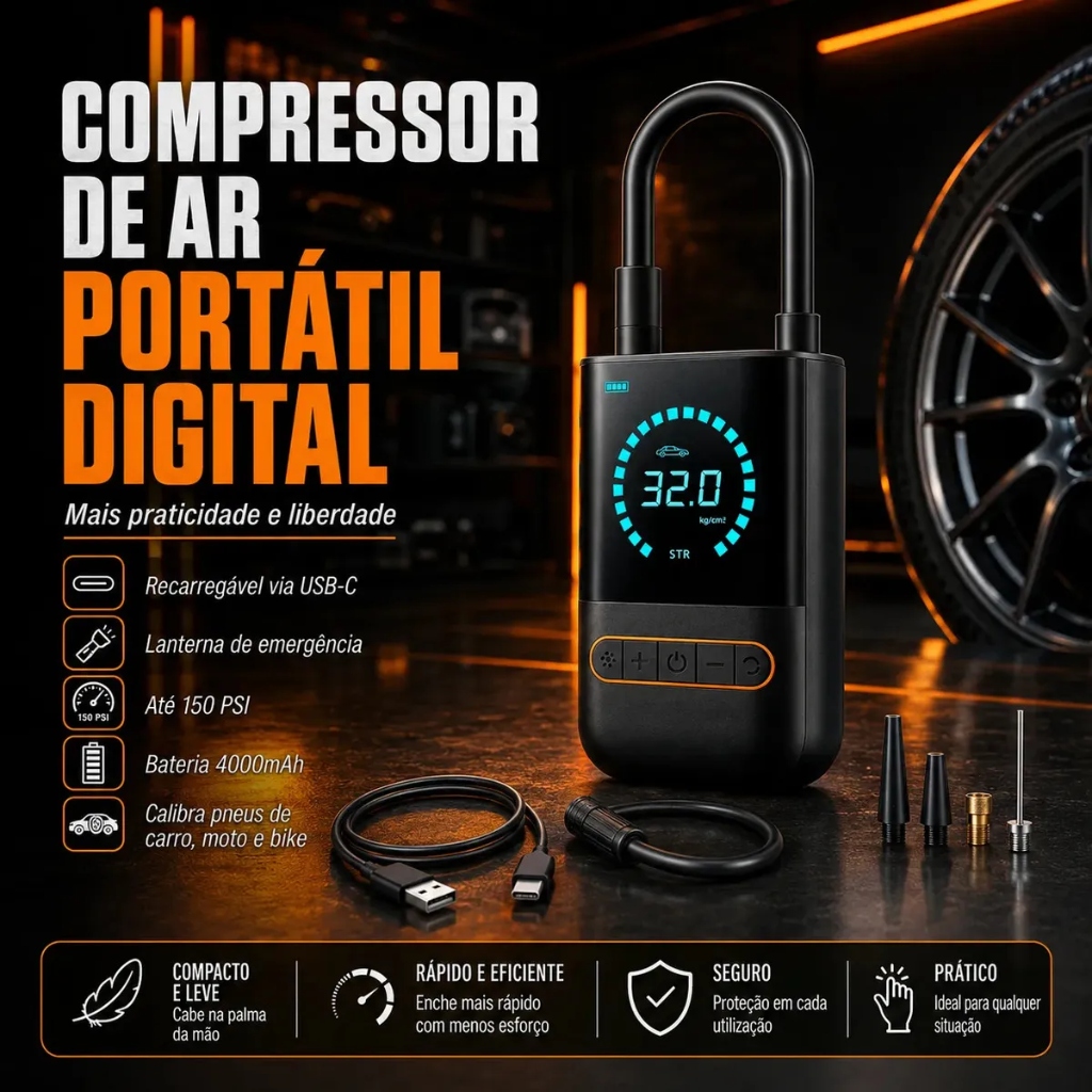 Compressor de Ar Digital Portátil e Calibrador Recarregável 150 PSI 4000mAh (Carro, Moto, Bike, Bolas)