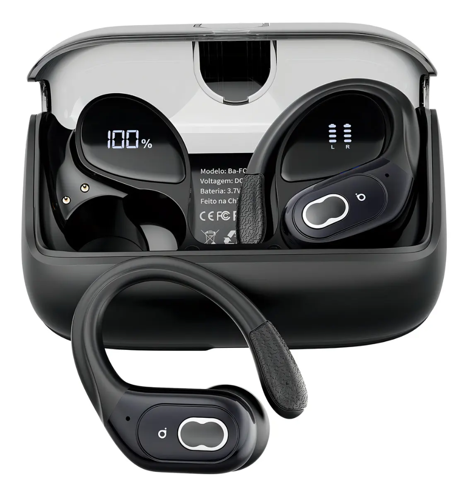 Fone de Ouvido Sem Fio Esportivo Bluetooth 6.0 TWS Basike com Gancho e Display LED Duplo
